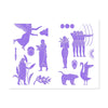 Set of purple silhouette illustrations of iconic mythological women on a white background