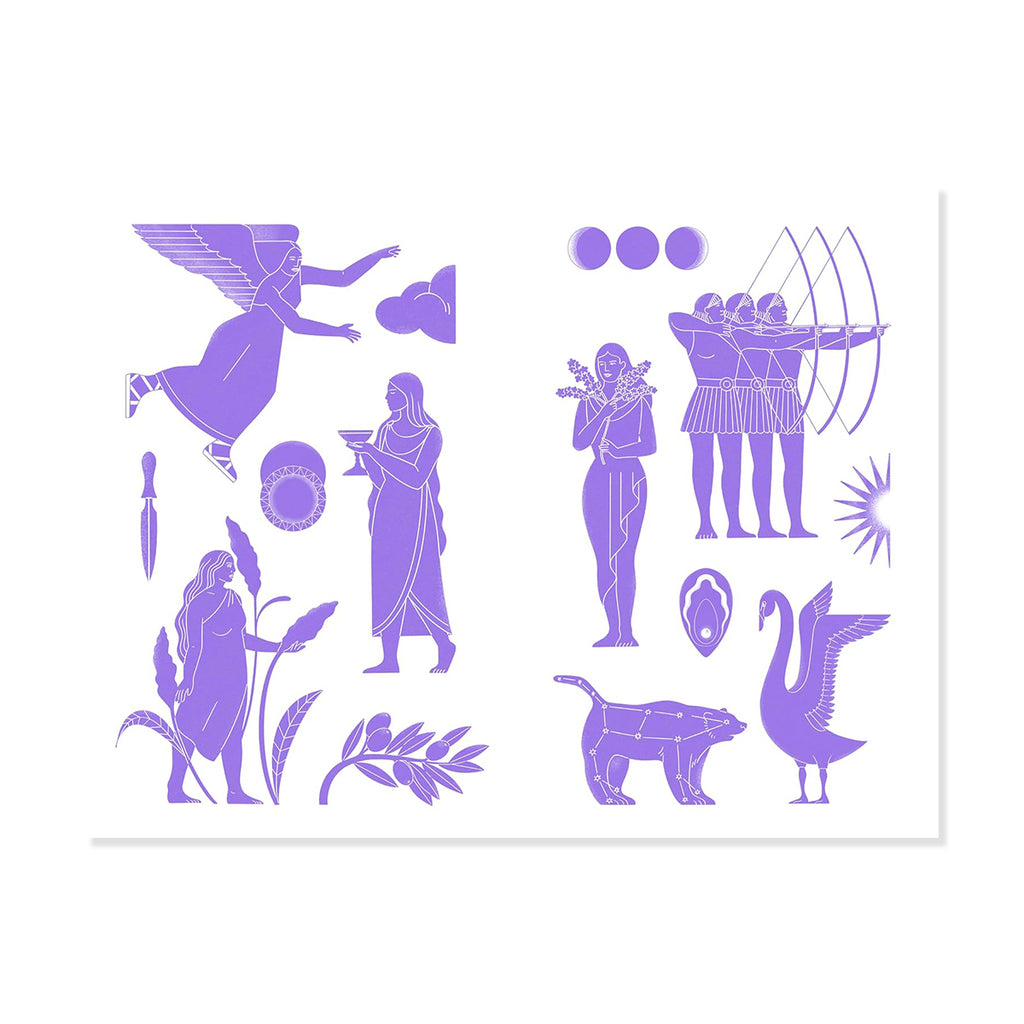 Set of purple silhouette illustrations of iconic mythological women on a white background