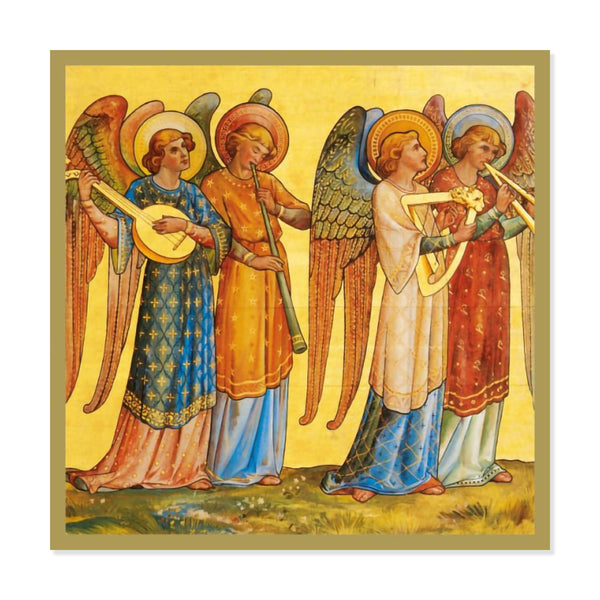 Christmas card design showing gold artwork of angels playing musical instruments on a yellow background 