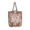 A canvas tote bag featuring a vintage-style toile de Jouy print with pink cherubs and scrollwork on an olive green background, set against a plain white studio background.