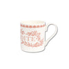 A white ceramic mug featuring a terracotta pink printed design with the word 'DITE' and floral/leaf motifs, set against a plain white background.