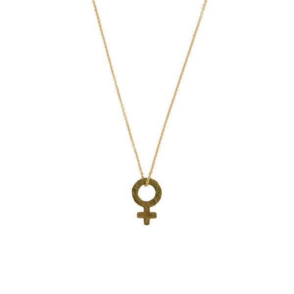 A gold chain necklace featuring a hammered-texture gold pendant in the shape of the female gender symbol, shown against a plain white background.
