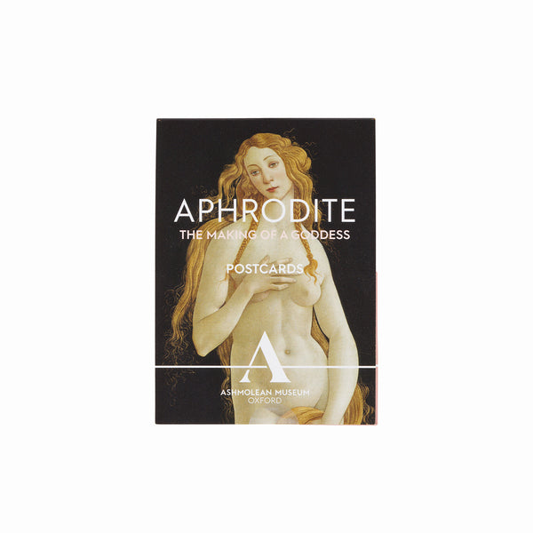 A postcard pack titled 'APHRODITE THE MAKING OF A GODDESS POSTCARDS' featuring a classical painting of Aphrodite on a dark background, with the Ashmolean Museum Oxford logo at the bottom.
