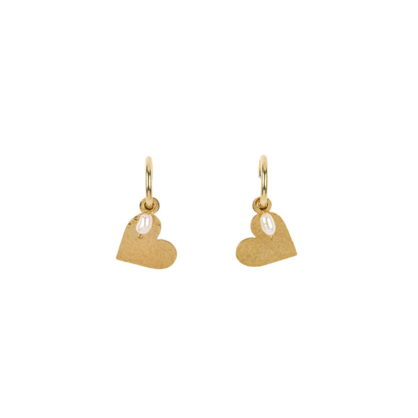 A pair of gold heart-shaped drop earrings with a small clear teardrop pearl hanging from each earring, shown against a plain white background.