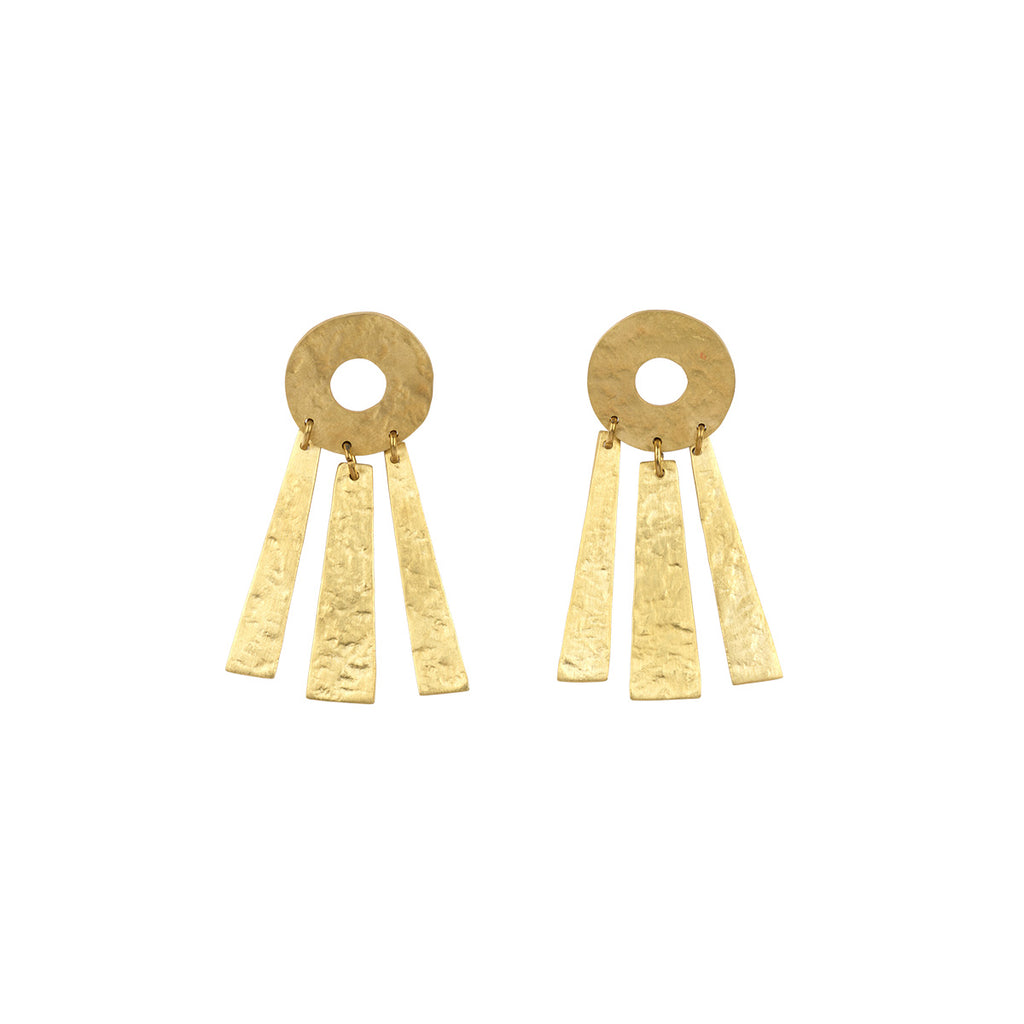 A pair of gold-toned statement dangle earrings featuring a textured circular disc with three hanging hammered rectangular bars, shown on a plain white background.