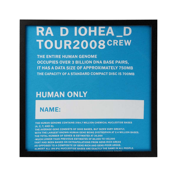 Framed light blue Radiohead graphic t shirt with TOUR 2008 CREW text about the human genome and a blue background