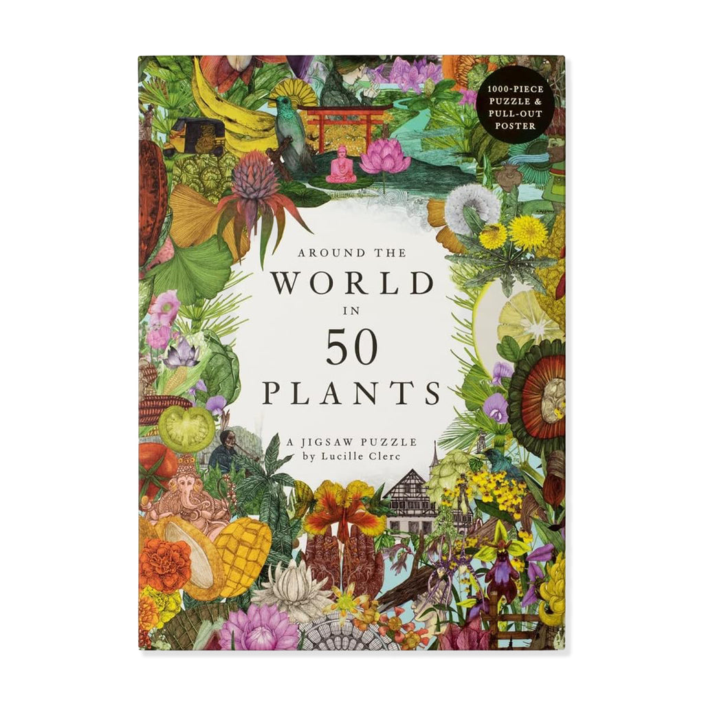 Jigsaw puzzle box with colorful plant design and text 'Around the World in 50 Plants' on a white background