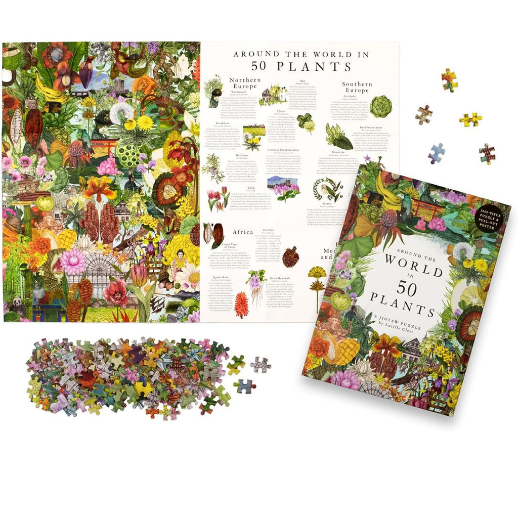 Jigsaw puzzle set with plant-themed design and instruction sheet on a white background
