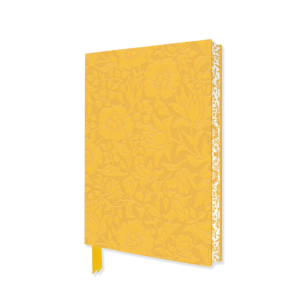Orange embossed vegan leather notebook with William Morris Mallow hibiscus flower pattern design on a white background.