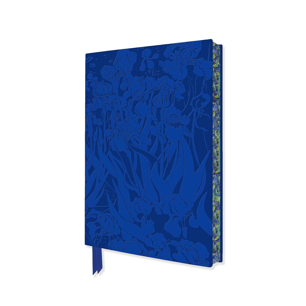 Blue notebook with floral pattern on a white background