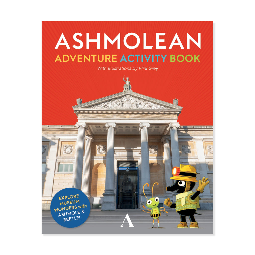 Front cover of the Ashmolean Adventure Activity Book, featuring a bright red top section with the title in large white and yellow text, a photograph of the Ashmolean museum building, and two cartoon characters in front on a white background.