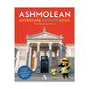 Front cover of the Ashmolean Adventure Activity Book, featuring a bright red top section with the title in large white and yellow text, a photograph of the Ashmolean museum building, and two cartoon characters in front on a white background.