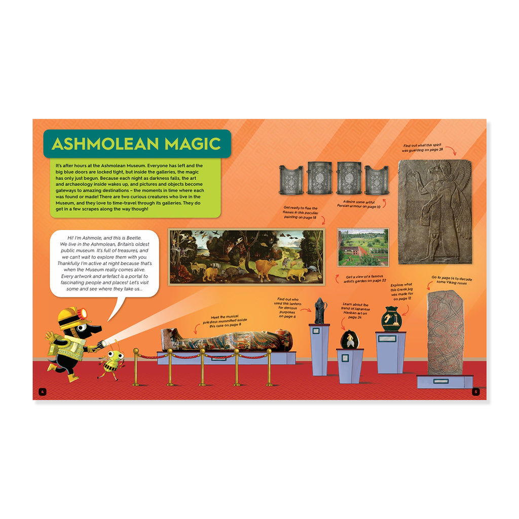 An educational display board titled 'ASHMOLEAN MAGIC' with illustrated artifacts, labels, and a cartoon figure, photographed against a plain white background.