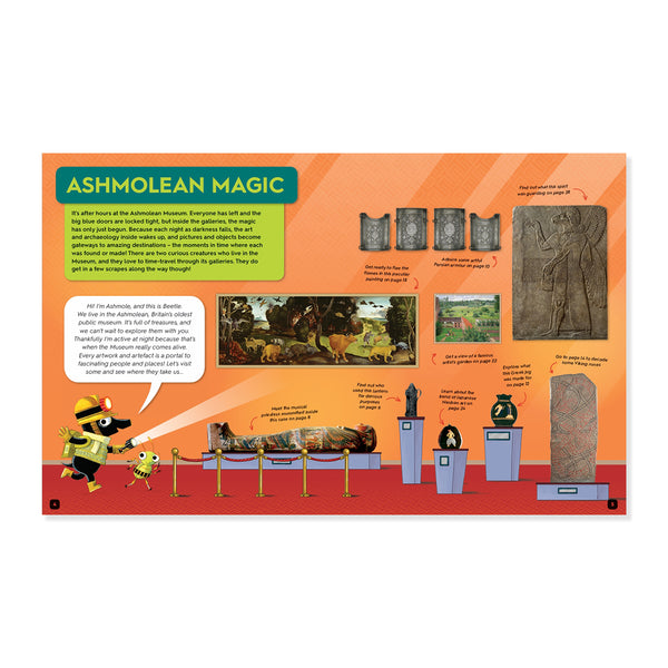 An educational display board titled 'ASHMOLEAN MAGIC' with illustrated artifacts, labels, and a cartoon figure, photographed against a plain white background.