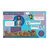 An educational children's activity book spread titled 'Music in the Afterlife' featuring cartoon illustrations, hieroglyphic symbols, a pharaoh's sarcophagi, and activity panels on a light blue background.