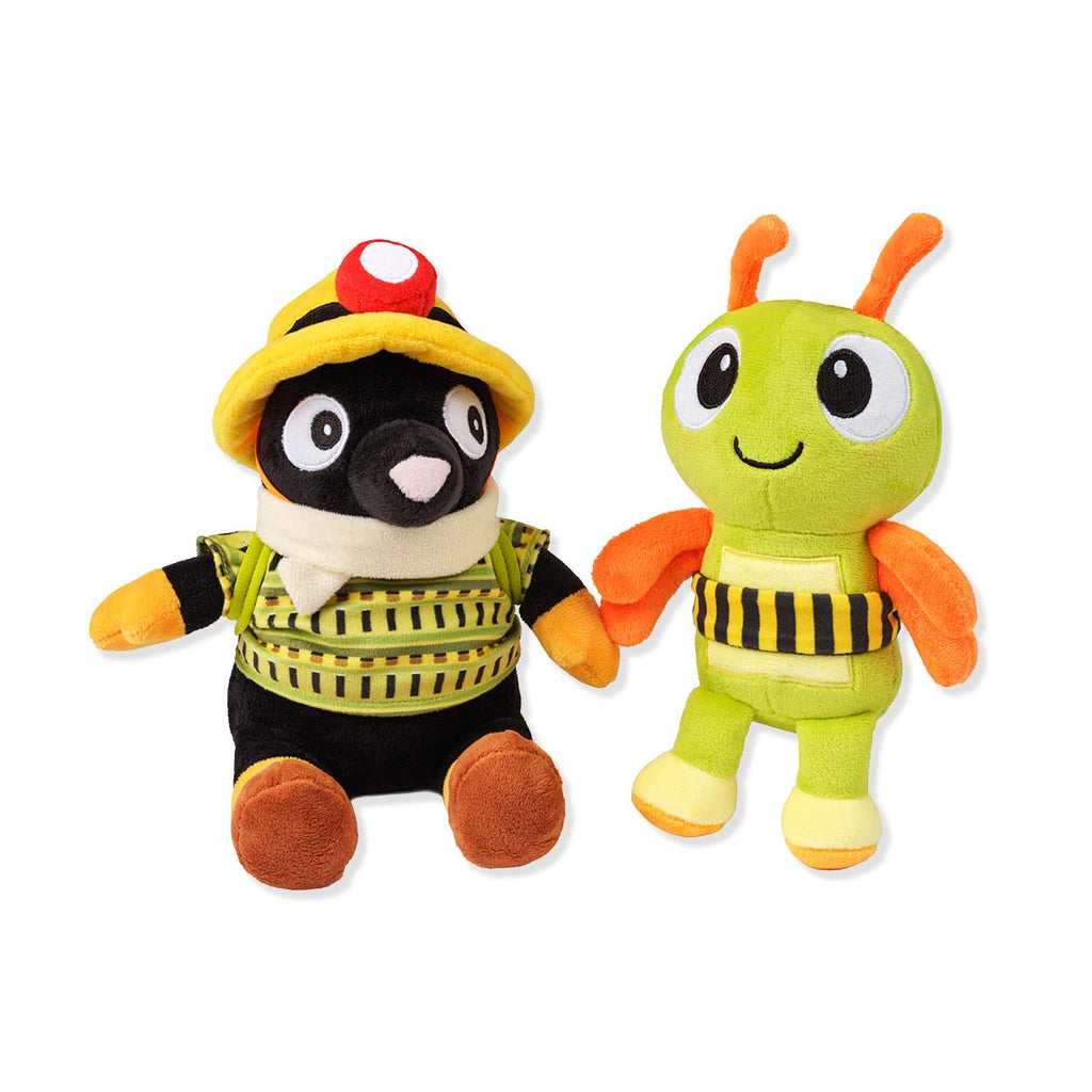 Two colourful plush toys, one resembling a beetle and the other an adventurous mole, on a white background.