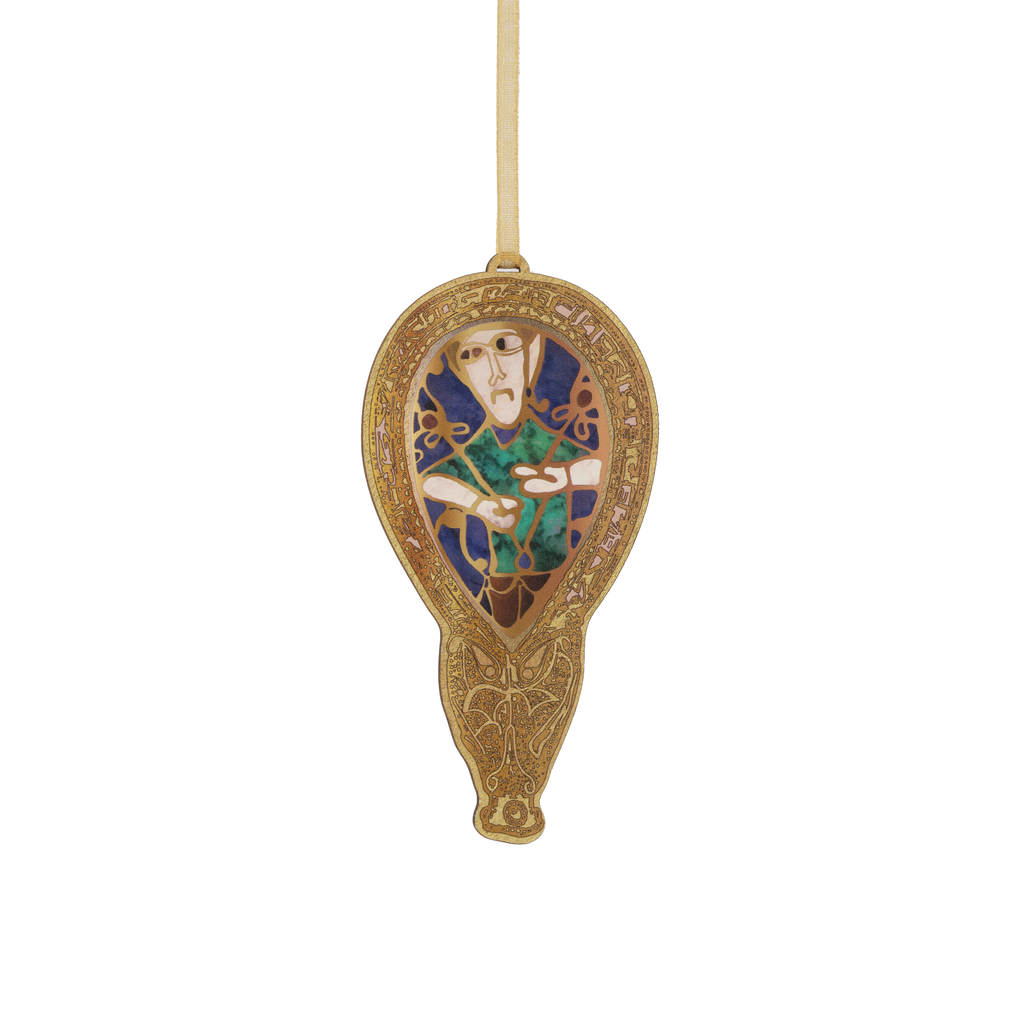 Hanging wooden decoration with image of the Alfred Jewel and gold detailing
