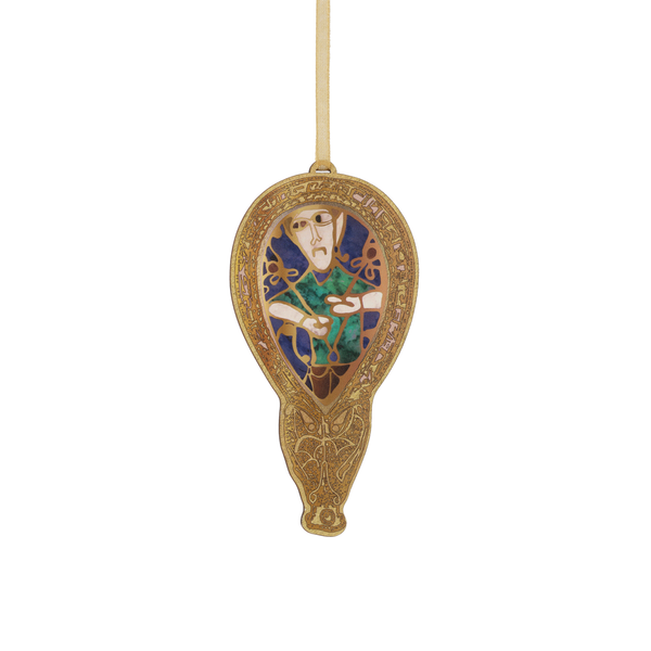 Hanging wooden decoration with image of the Alfred Jewel and gold detailing