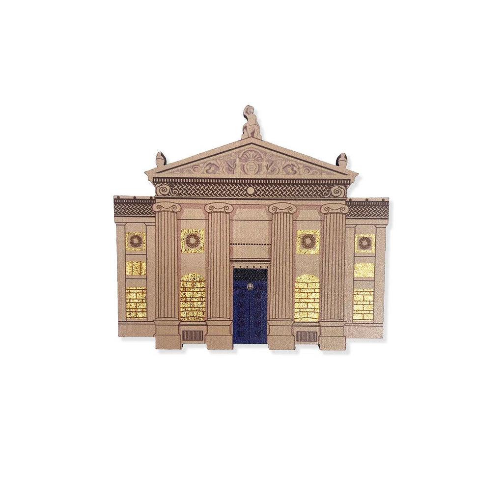Decorative wooden magnet of the Ashmolean Museum's classical building façade on a white background