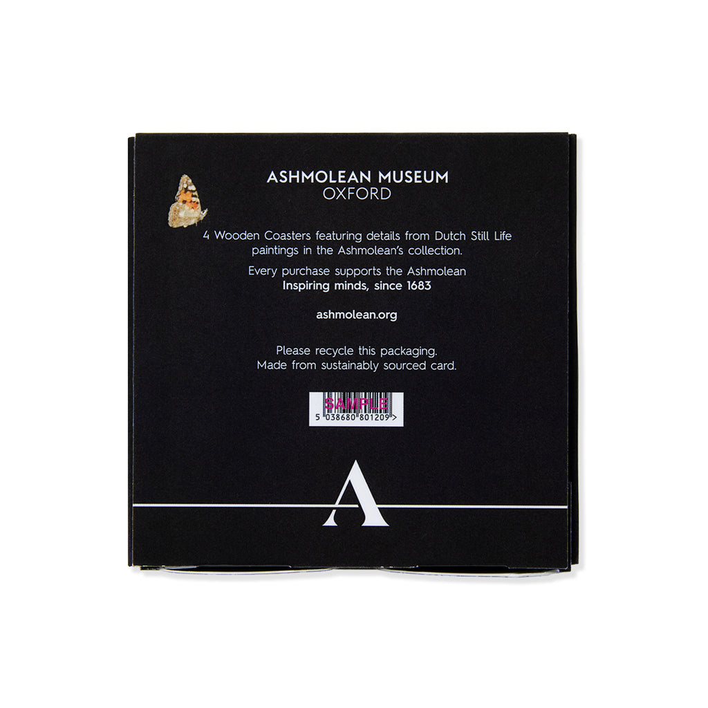 Black box holding 4 coasters with Dutch still life artwork designs of colourful flowers with Ashmolean Museum branding on a white background. 