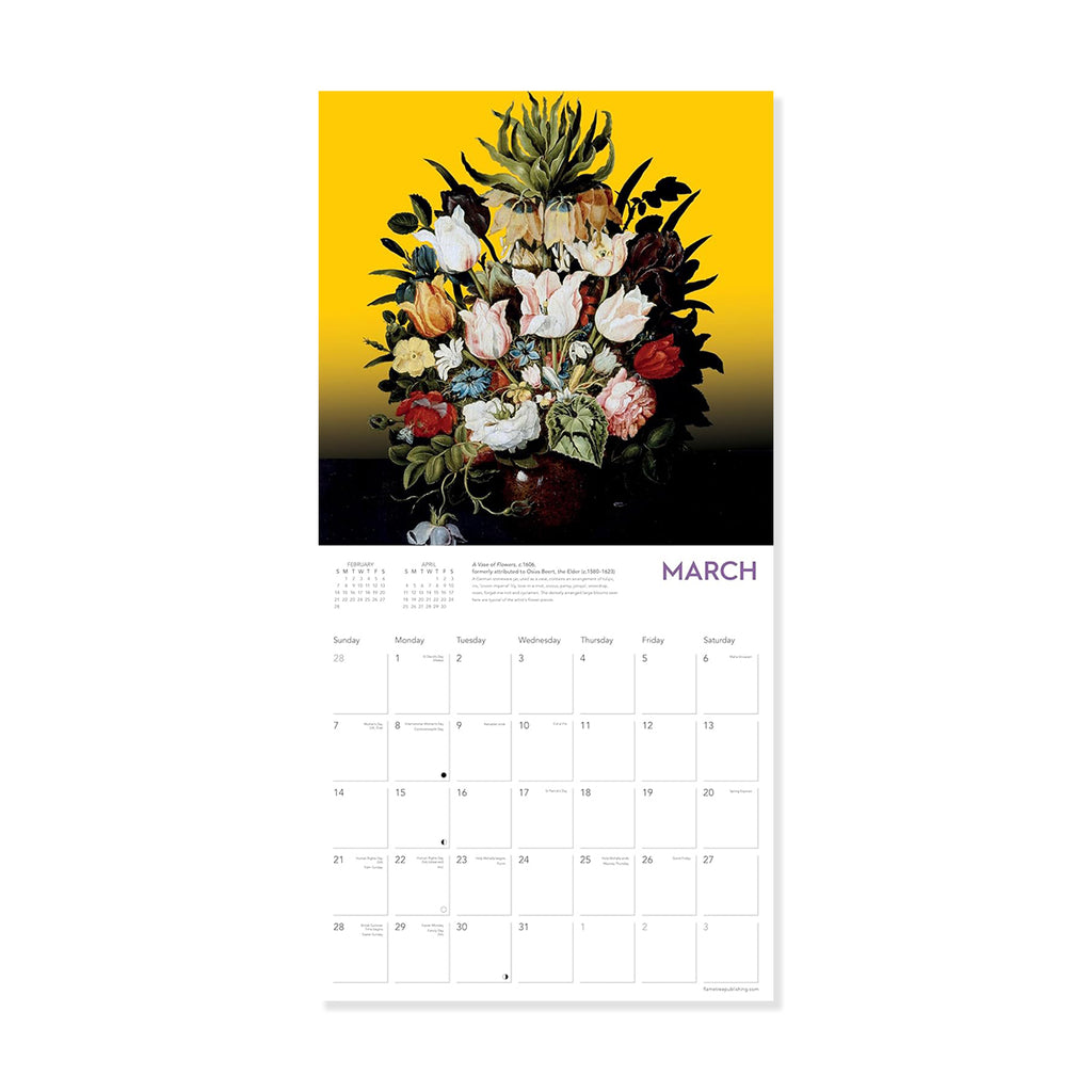 Calendar page for March with a floral design on a yellow background