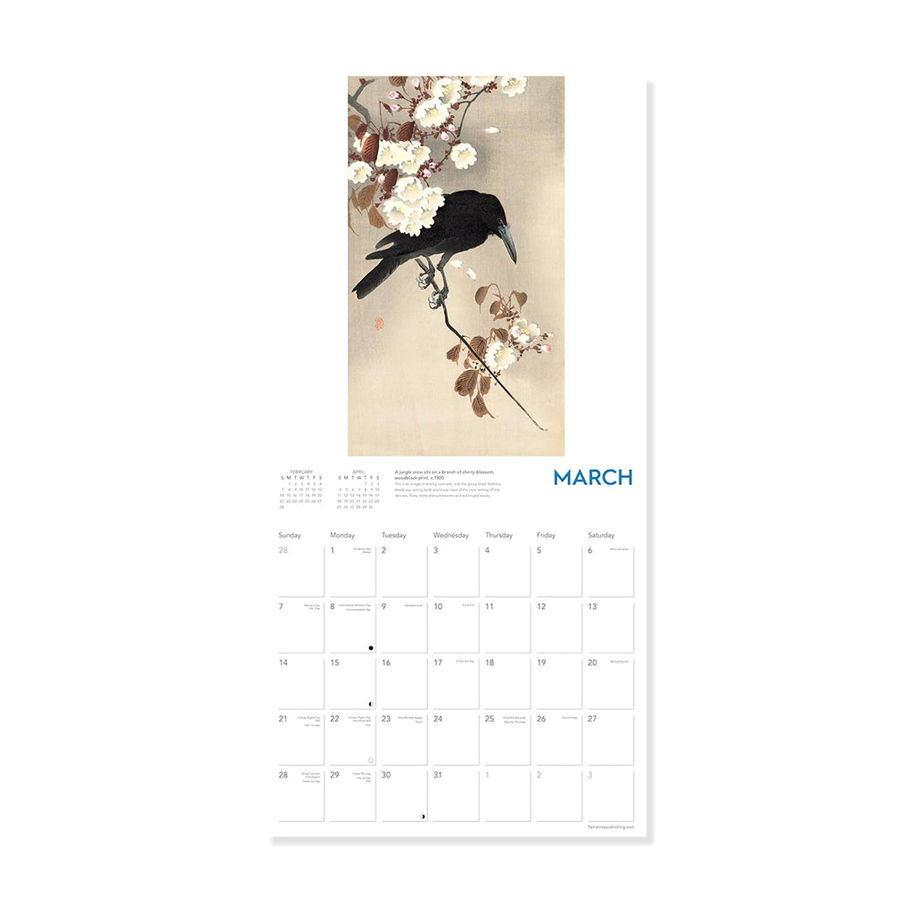 Calendar page for March with a black corvid bird and white flowers on a beige background