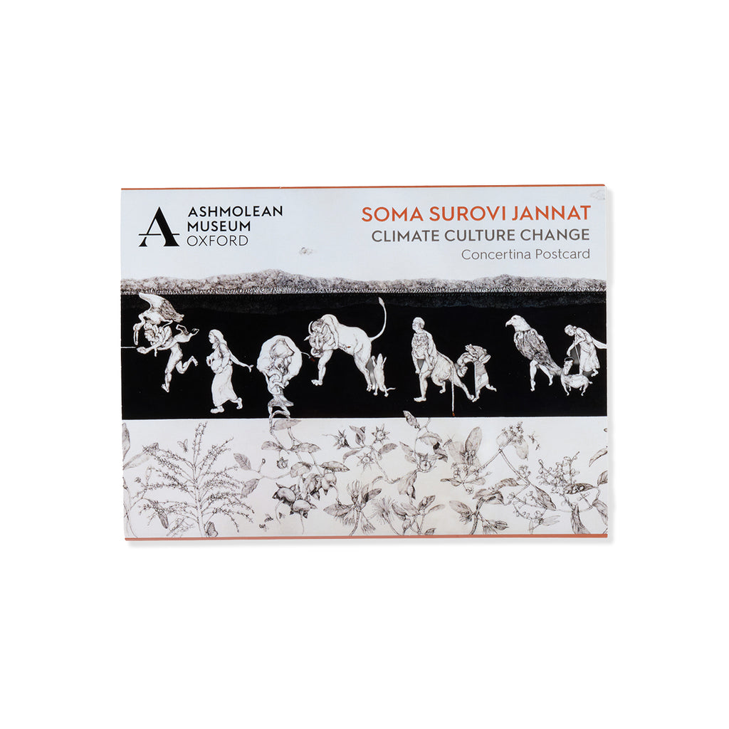 Ashmolean NOW themed concertina postcard sleeve with black and white artworks of figures and animals and Ashmolean Museum Oxford logo with 'SOMA SUROVI JANNAT CLIMATE CULTURE CHANGE' orange text on a white background.