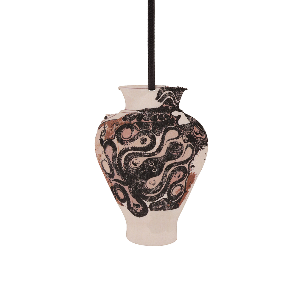 Hanging wooden decoration with image of a ceramic vase with black Octopus patterns 