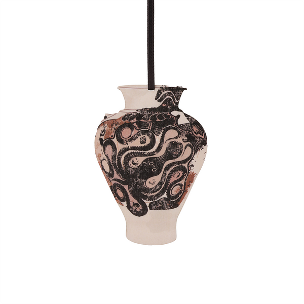 Hanging wooden decoration with image of a ceramic vase with black Octopus patterns 