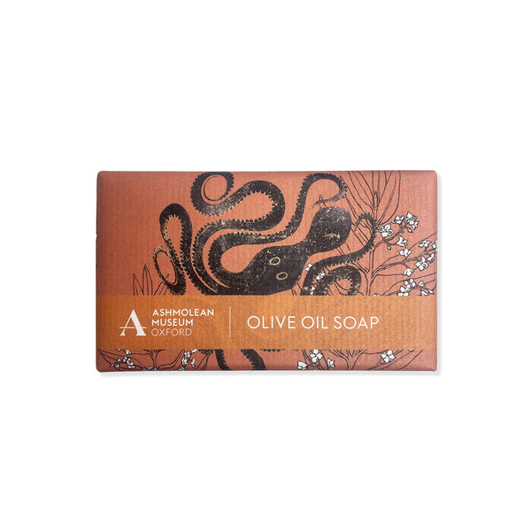 Olive oil soap bar with octopus design and Ashmolean Museum branding on a white background