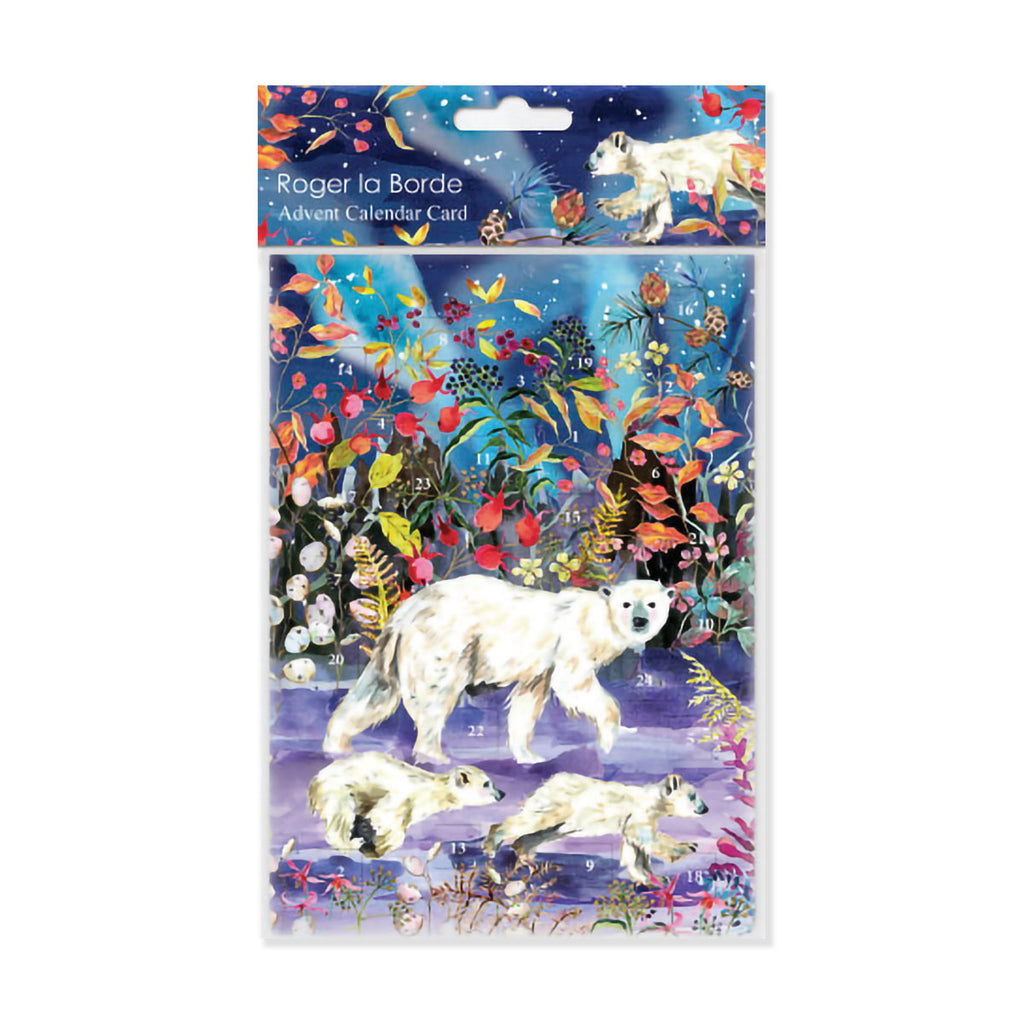 Advent calendar card with polar bears and colorful design on a white background