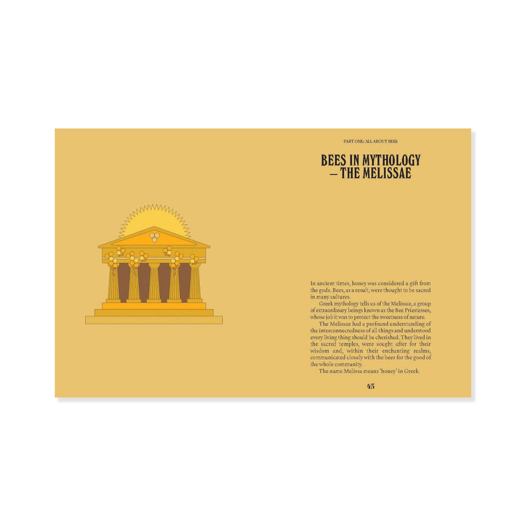 Book page with illustration of a temple on a yellow background with text about 'Bees in Mythology - The Melissae'.