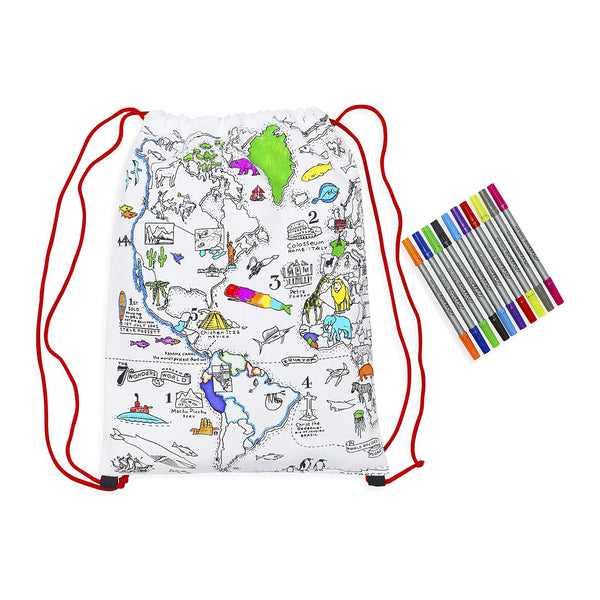 World Map drawstring backpack features a hand-drawn map, set of 10 double-ended fabric wash-out markers