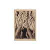 Print of abstract tree branches and figures on a wooden postcard 