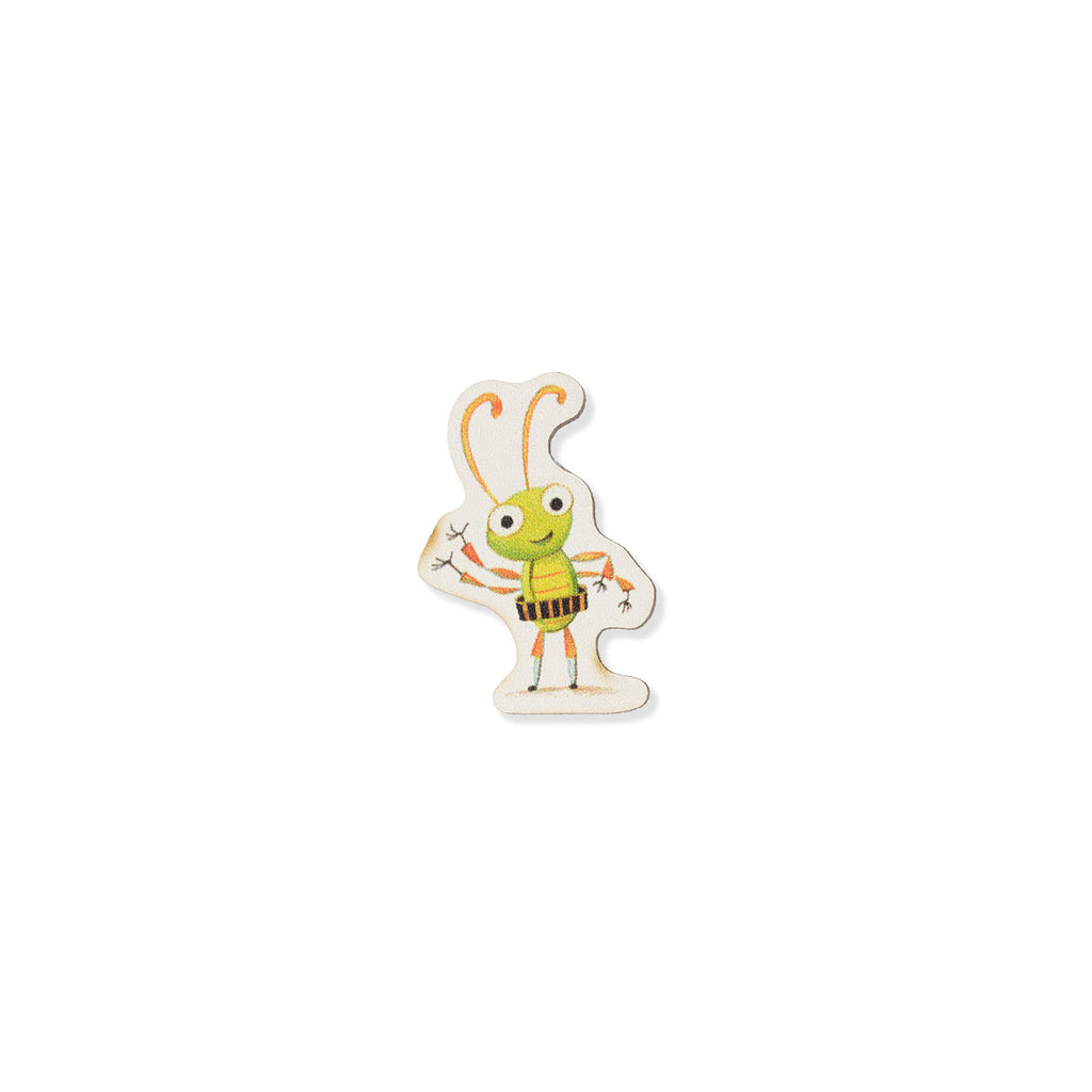 A wooden pin badge featuring a cartoon Beetle character wearing a green shirt and yellow-and-black striped tool belt