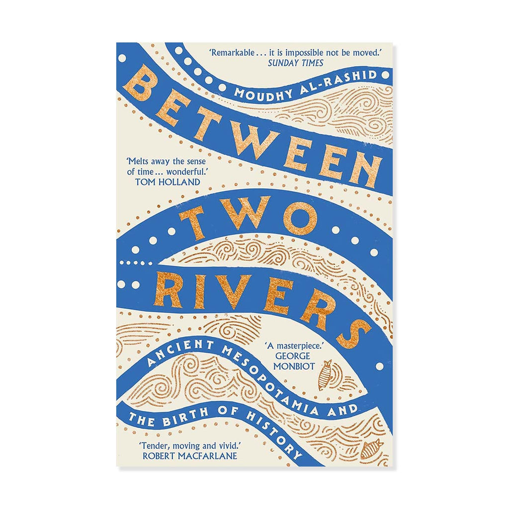 Book cover of 'Between Two Rivers' with blue and orange text on a white background