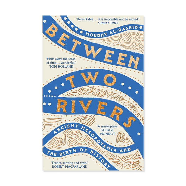 Book cover of 'Between Two Rivers' with blue and orange text on a white background