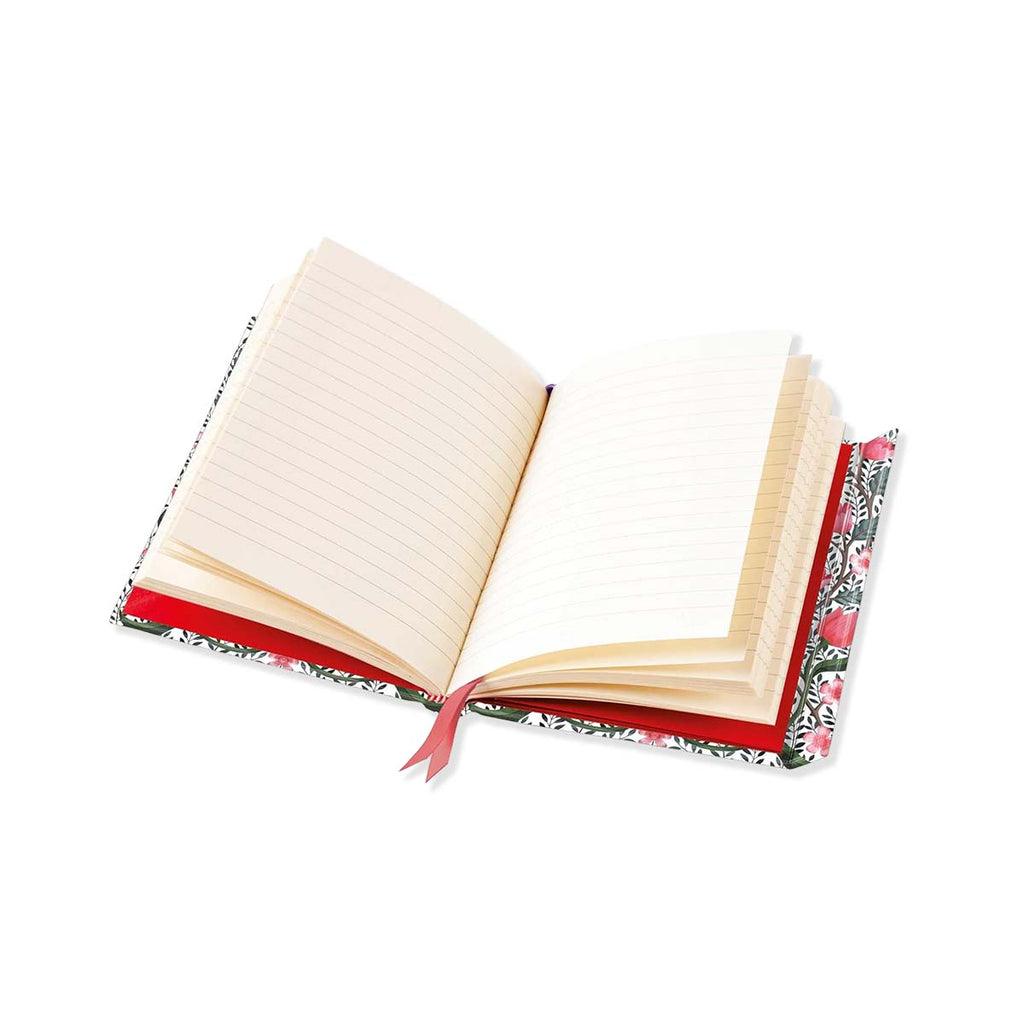 Open lined notebook with floral and red design on a white background