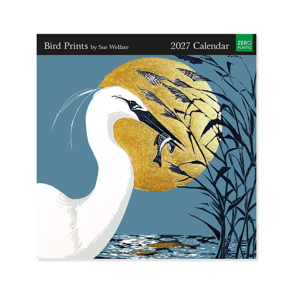 2027 calendar cover with a bird design and 'Bird Prints by Sue Welfare' text.