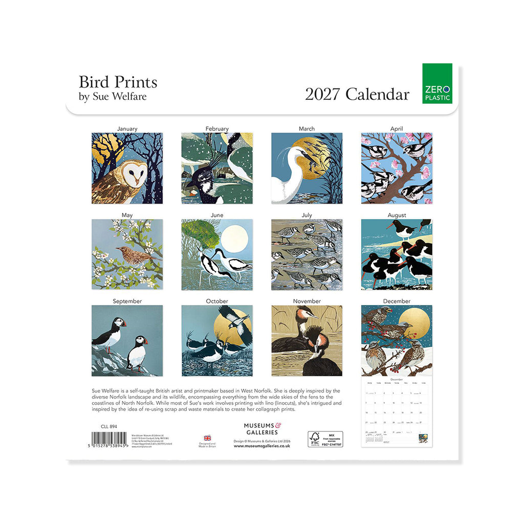 2027 calendar with bird prints by Sue Welfare on a white background