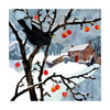 Card featuring festive artwork of blackbird perched on crab apple tree covered in snow with countryside house and fields in the background with black, white, grey, and orange colours. 