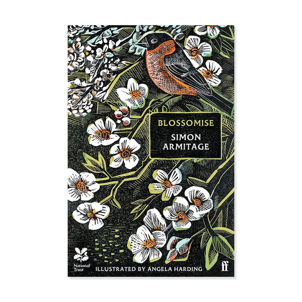 Book cover with linocut style red and black robin on branches of white flowers with text 'Blossomise Simon Armitage / Illustrated by Angela Harding' and National Trust logo on white background.