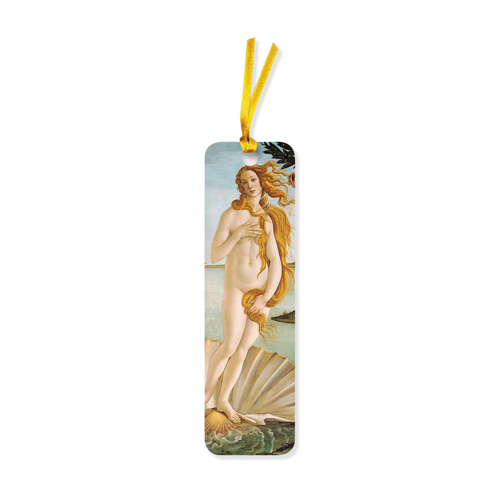 A vertical rectangular bookmark featuring a printed reproduction of Botticelli's The Birth of Venus, complete with a yellow hanging ribbon at the top, shown on a plain white background.