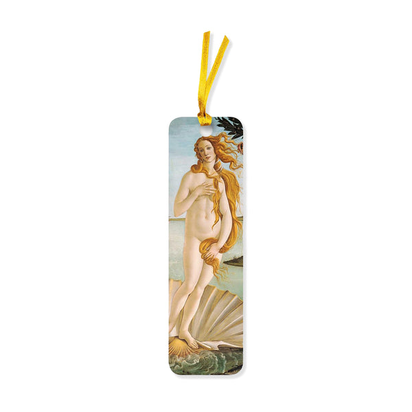 A vertical rectangular bookmark featuring a printed reproduction of Botticelli's The Birth of Venus, complete with a yellow hanging ribbon at the top, shown on a plain white background.