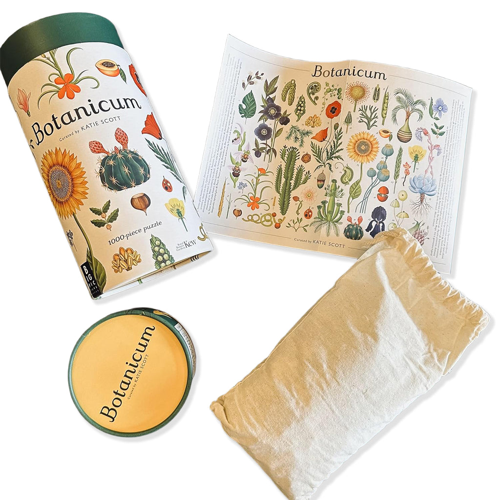 Botanicum puzzle set including a tube, packaging, and guide sheet on a white background