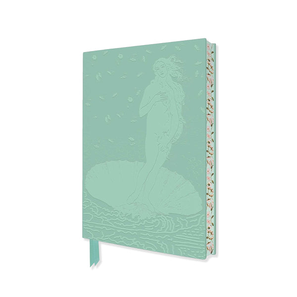 A mint green hardcover notebook featuring an embossed goddess Venus design on the cover and a delicate floral pattern on the spine, with a matching ribbon bookmark hanging from the bottom.