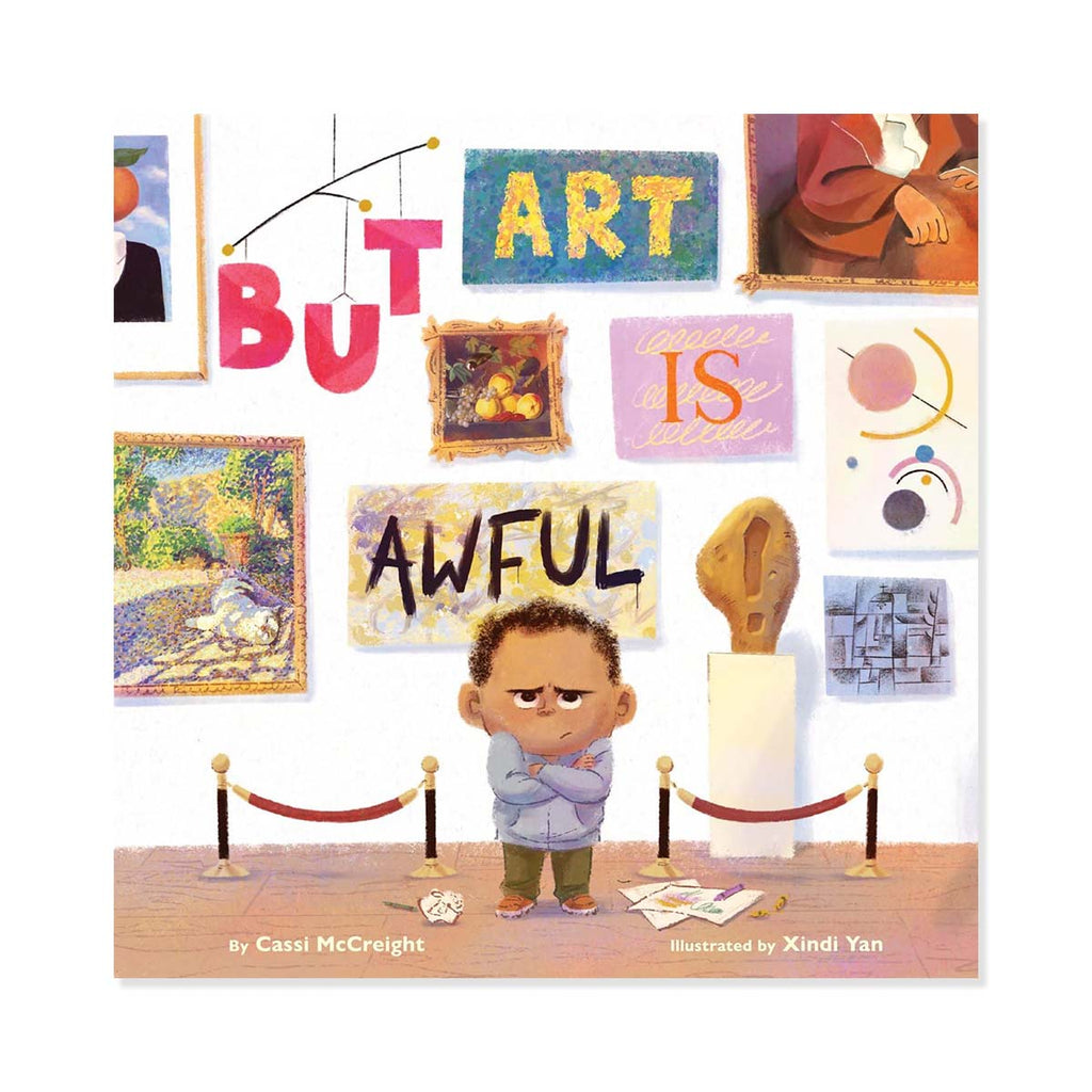 Book cover of 'But Art Is Awful' with a child standing in front of art gallery wall.