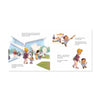 Illustrated book page with children playing outside a school building.