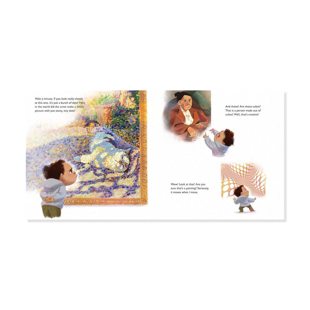 Illustrated book page with children looking at a painting of a landscape.