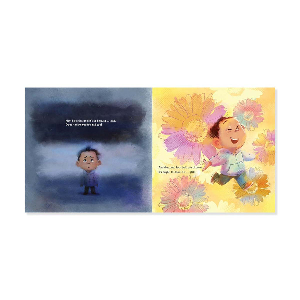 Illustrations of a child under a dark cloud and another child among flowers, with text.